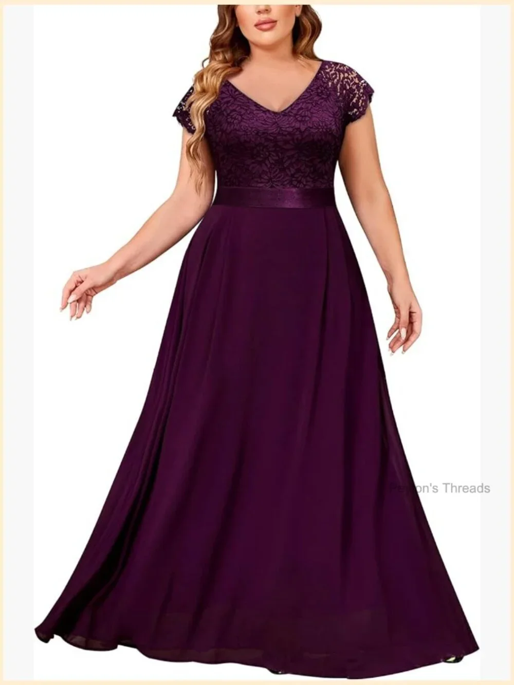 Plus Size V-Neck Lace Cap Sleeve Ruffle Maxi Dress Formal Evening